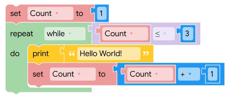 Blockly 積木程式範例：設定計數變數，以迴圈重複顯示 Hello World 並增加計數